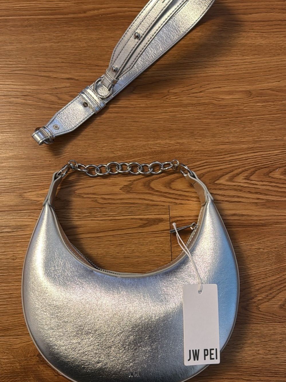 JW PEI Metallic Silver Crescent Shoulder Bag with Chain Detail